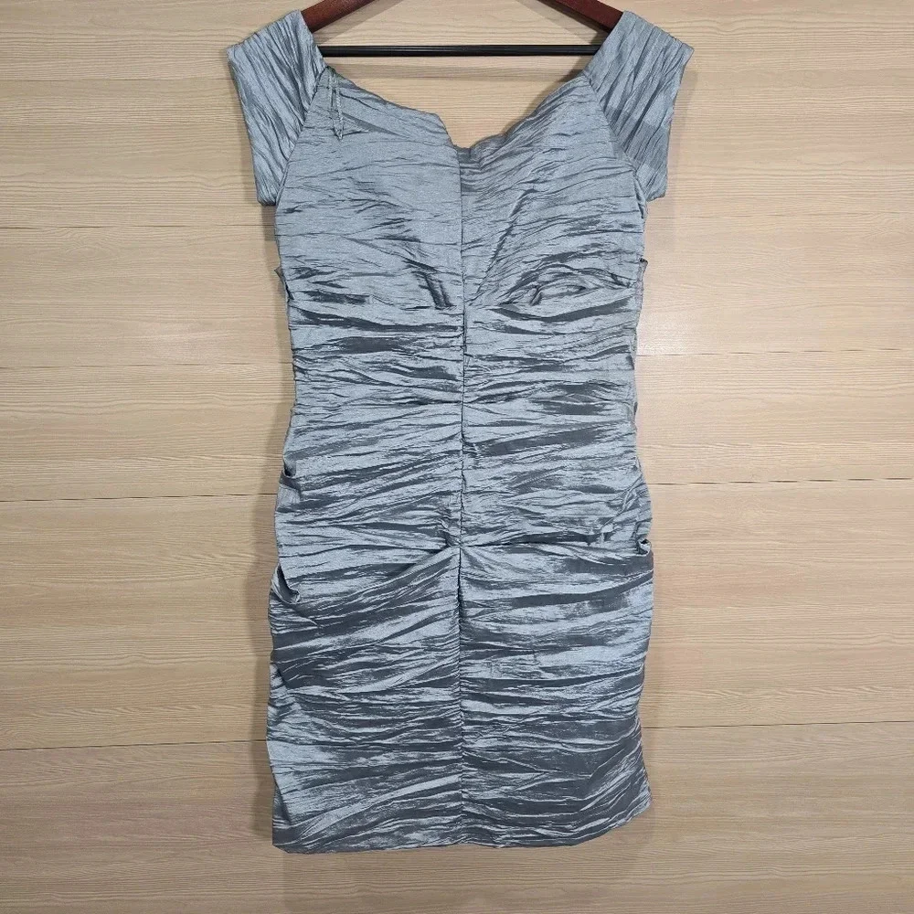 Alex Evenings Dress Womens 16 Ruched Bodycon Silver Beaded Neckline Mini Elegant